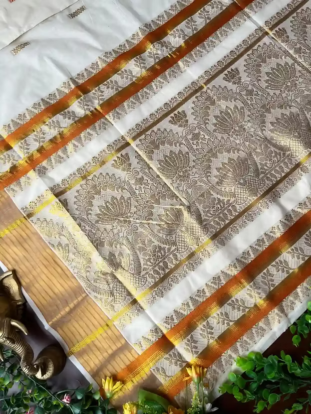 Golden Lotus Jacquard Cotton Kasavu Saree with Orange Border & Blouse