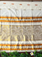 Golden Lotus Jacquard Cotton Kasavu Saree with Orange Border & Blouse