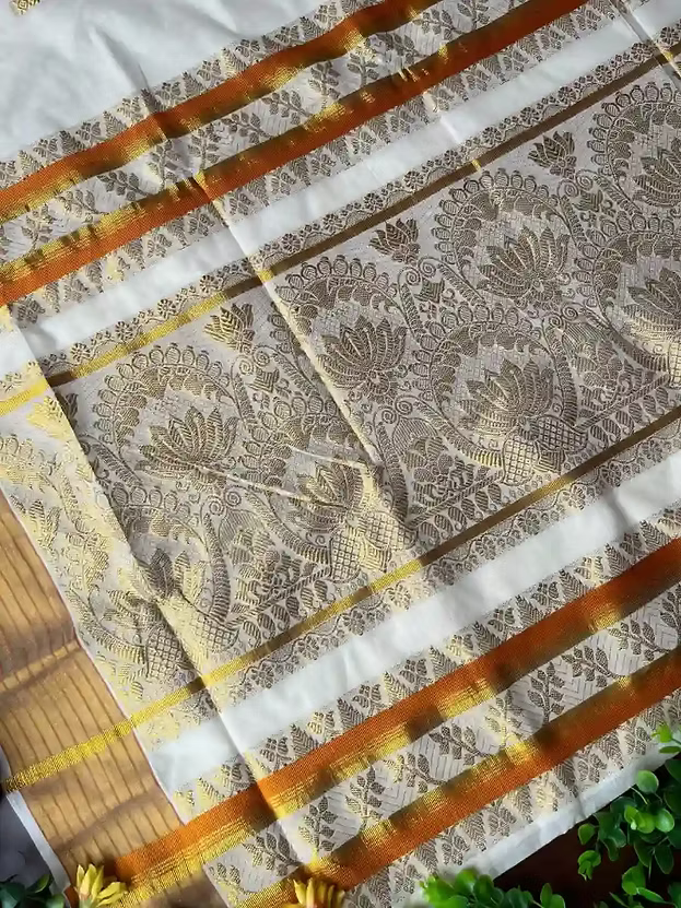 Golden Lotus Jacquard Cotton Kasavu Saree with Orange Border & Blouse