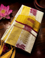 House Of Paramya off-white Kerala cotton Kasavu saree with maroon and gold lotus motif border and micro check pattern