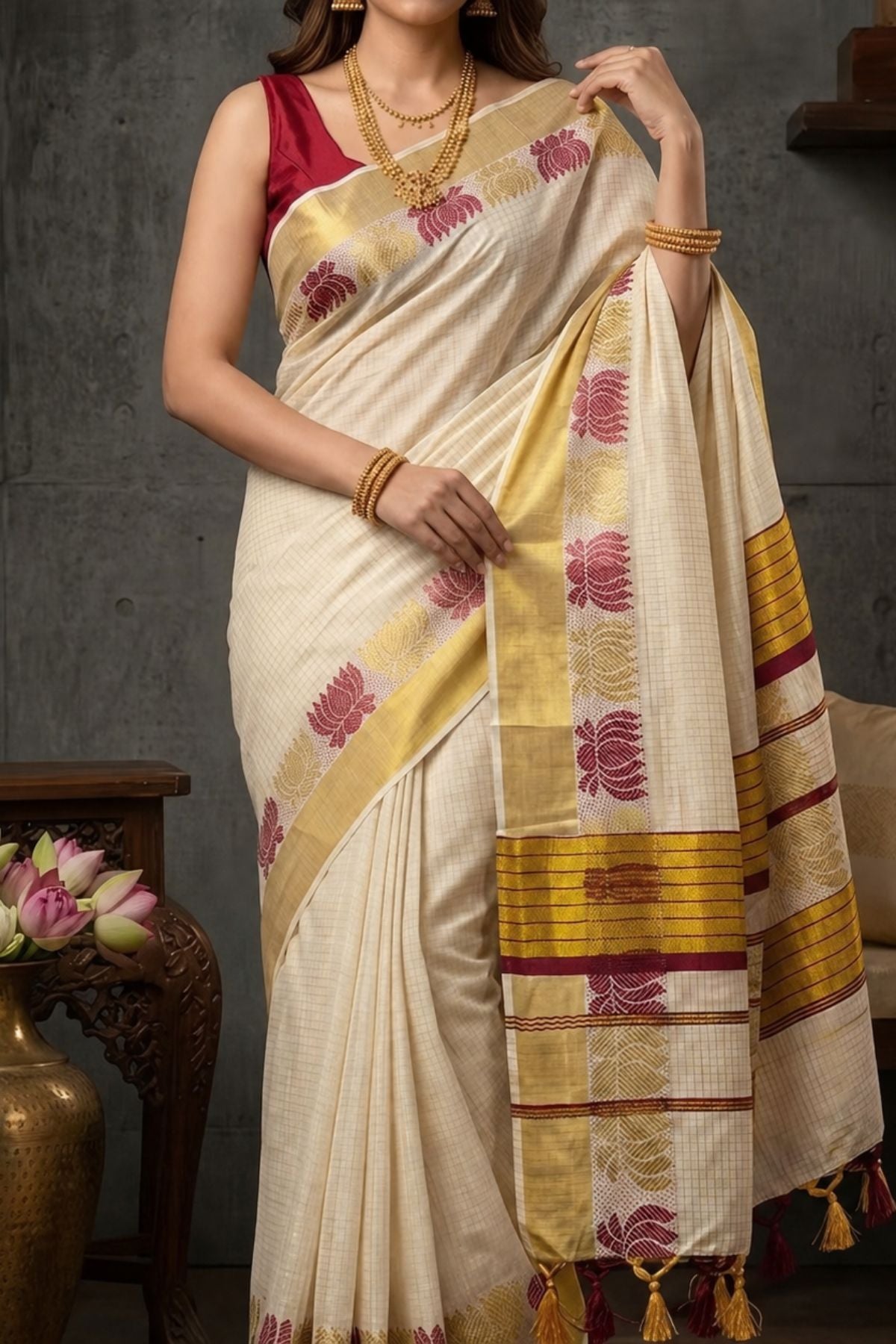 Lotus Woven Kasavu Saree with Maroon & Gold Border
