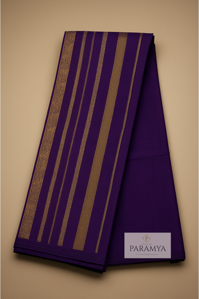 Dark Purple Pure Kanchipuram Silk Saree front view — 2G silver zari border, Silk Mark Certified | House of Paramya