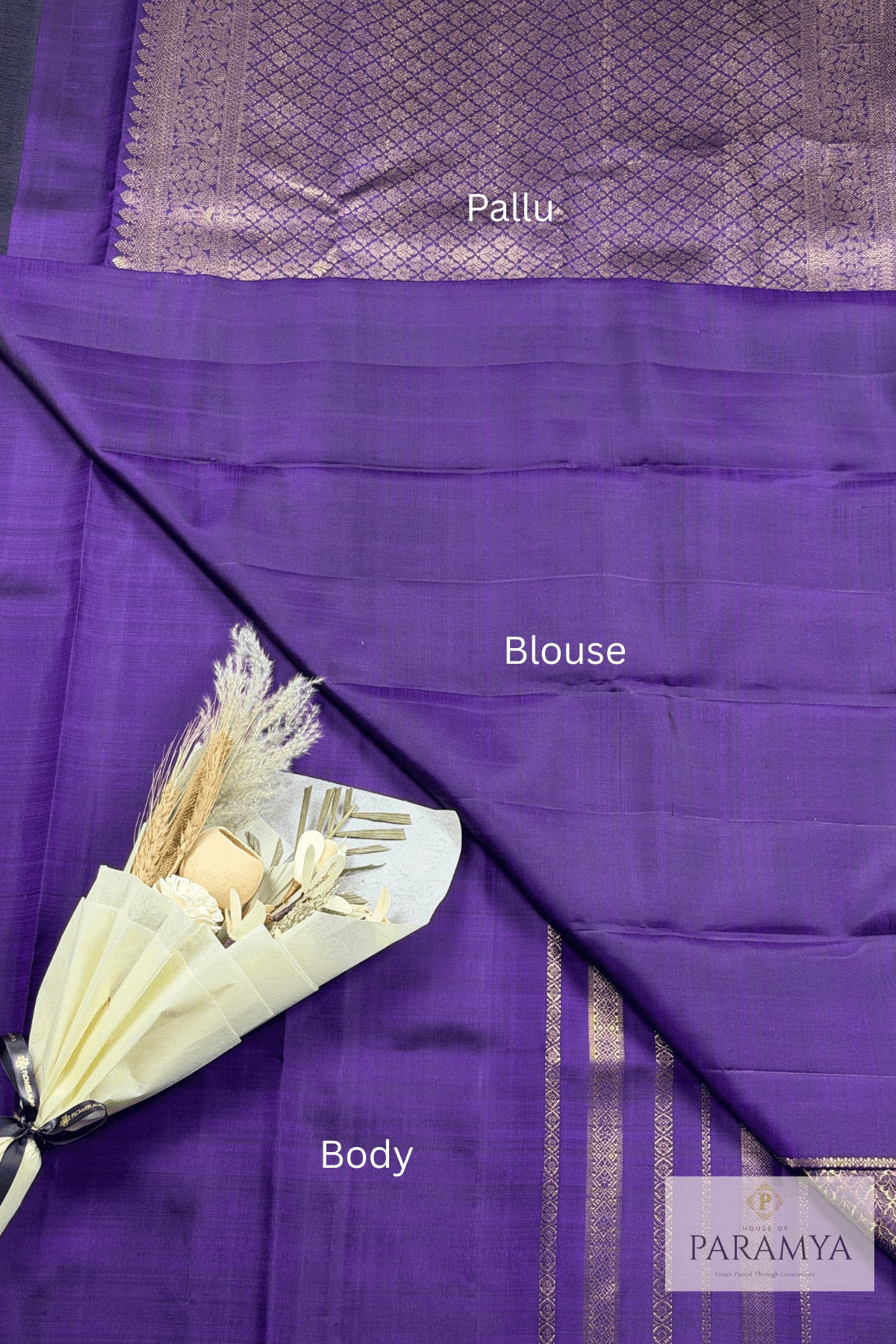 Dark Purple Pure Kanchipuram Silk Saree with 2Gram Silver Zari - Blouse View | House Of Paramya