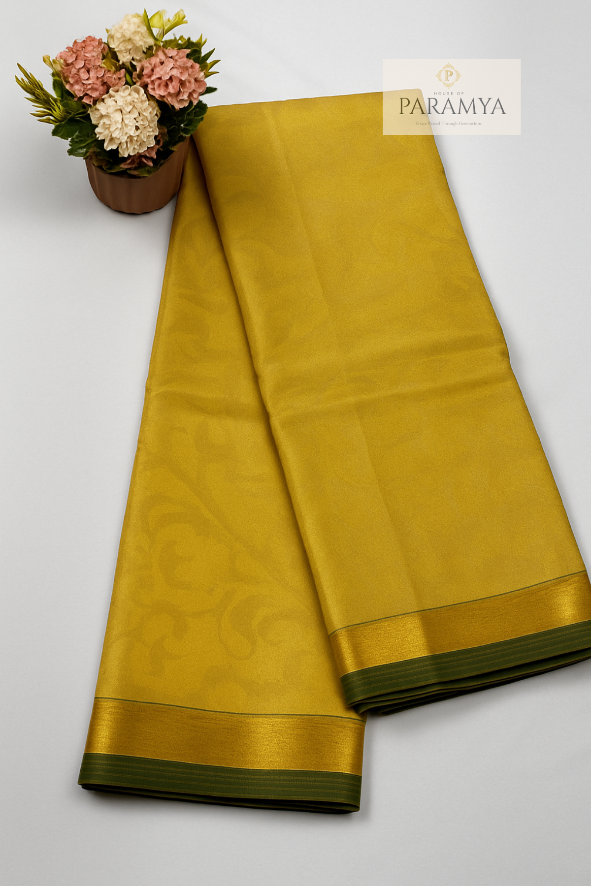 Yellow & Green Pure Silk Saree with Minimal Green Border | Silk Mark Certified