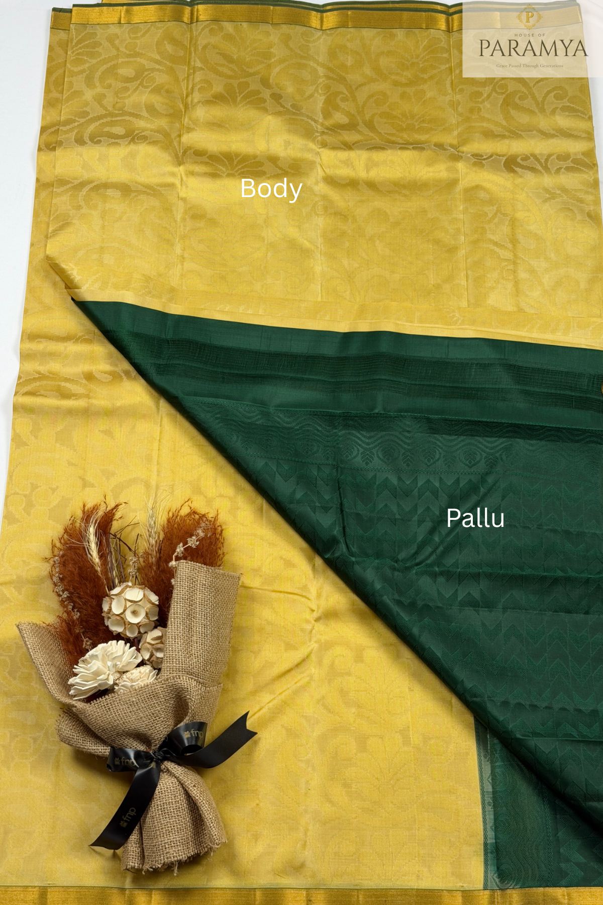 Yellow & Green Pure Silk Saree with Minimal Green Border | Silk Mark Certified