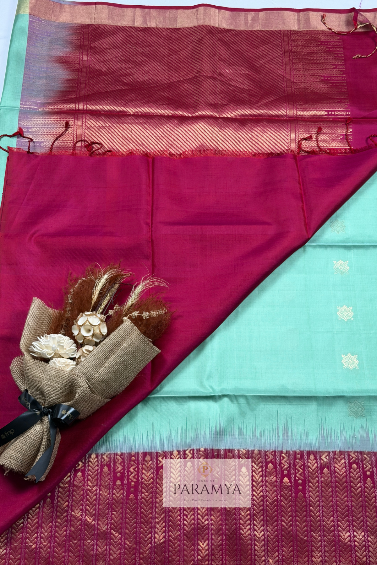Mint Green & Rani Pink Pure Kanchipuram Silk Saree | Silk Mark Certified