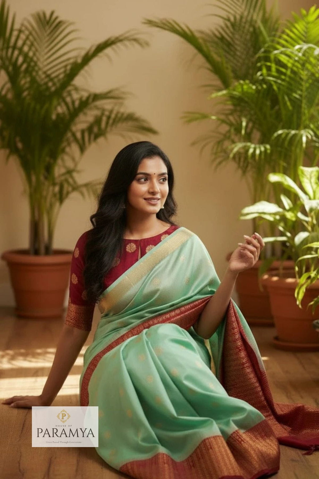 Mint Green & Rani Pink Pure Kanchipuram Silk Saree - Comfort View | House Of Paramya
