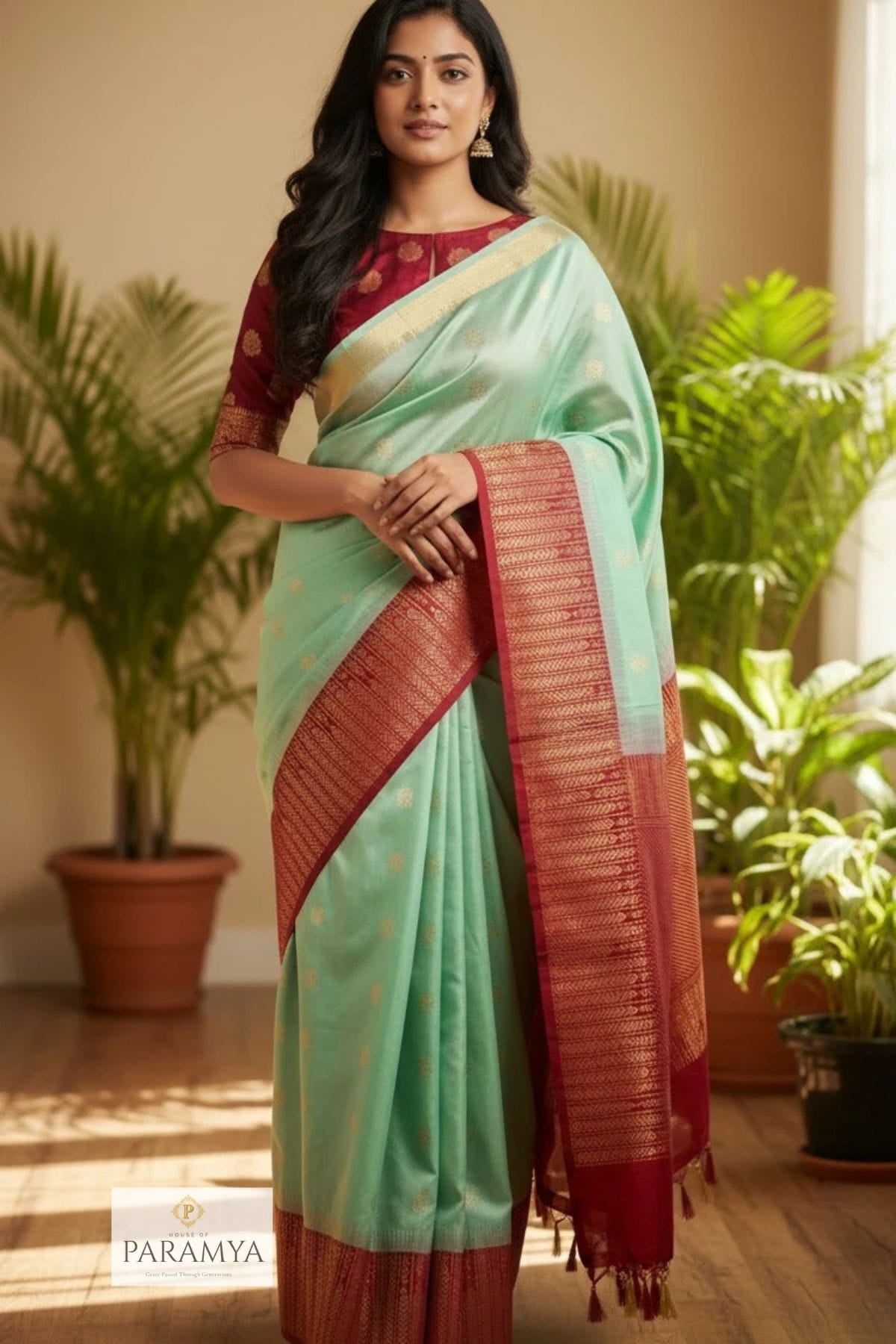 Mint Green & Rani Pink Pure Kanchipuram Silk Saree - Full Drape View | House Of Paramya