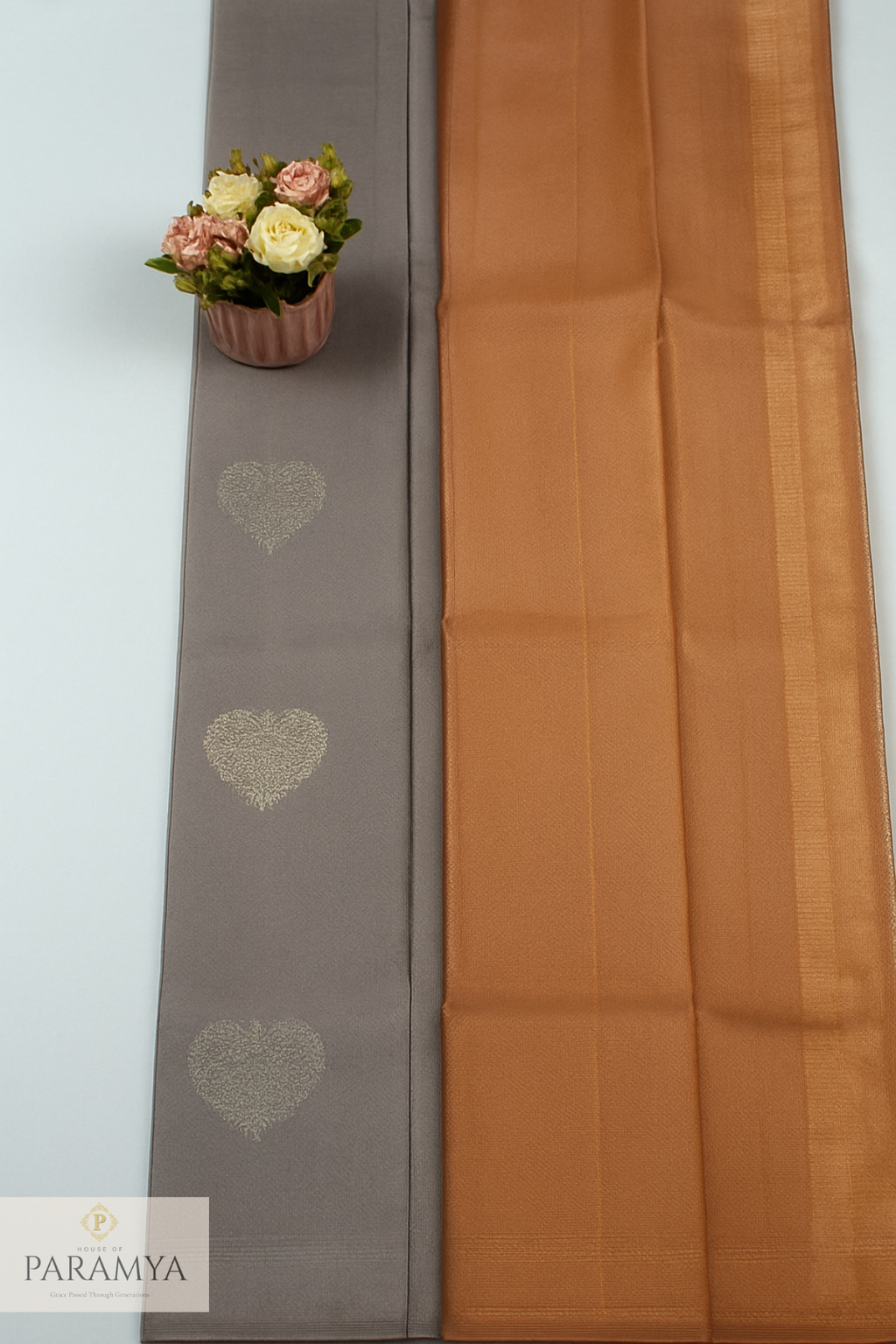 Lilac & Grey Orange Borderless Pure Silk Saree | Silk Mark Certified