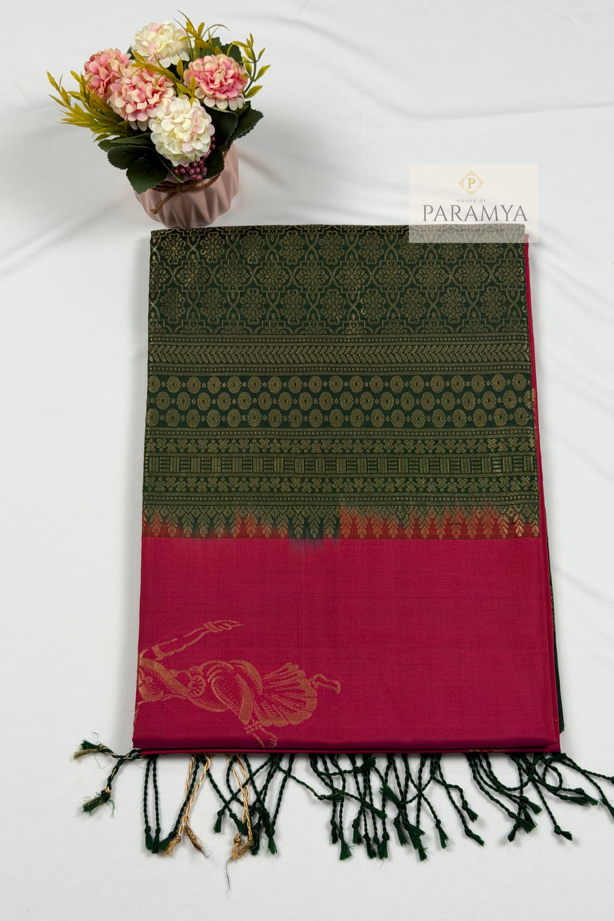 Rani Pink & Emerald Green Pure Kanchipuram Silk Saree | Silk Mark Certified