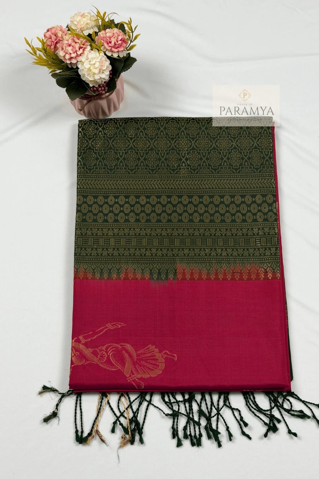 Rani Pink & Emerald Green Pure Kanchipuram Silk Saree -Box view | House Of Paramya