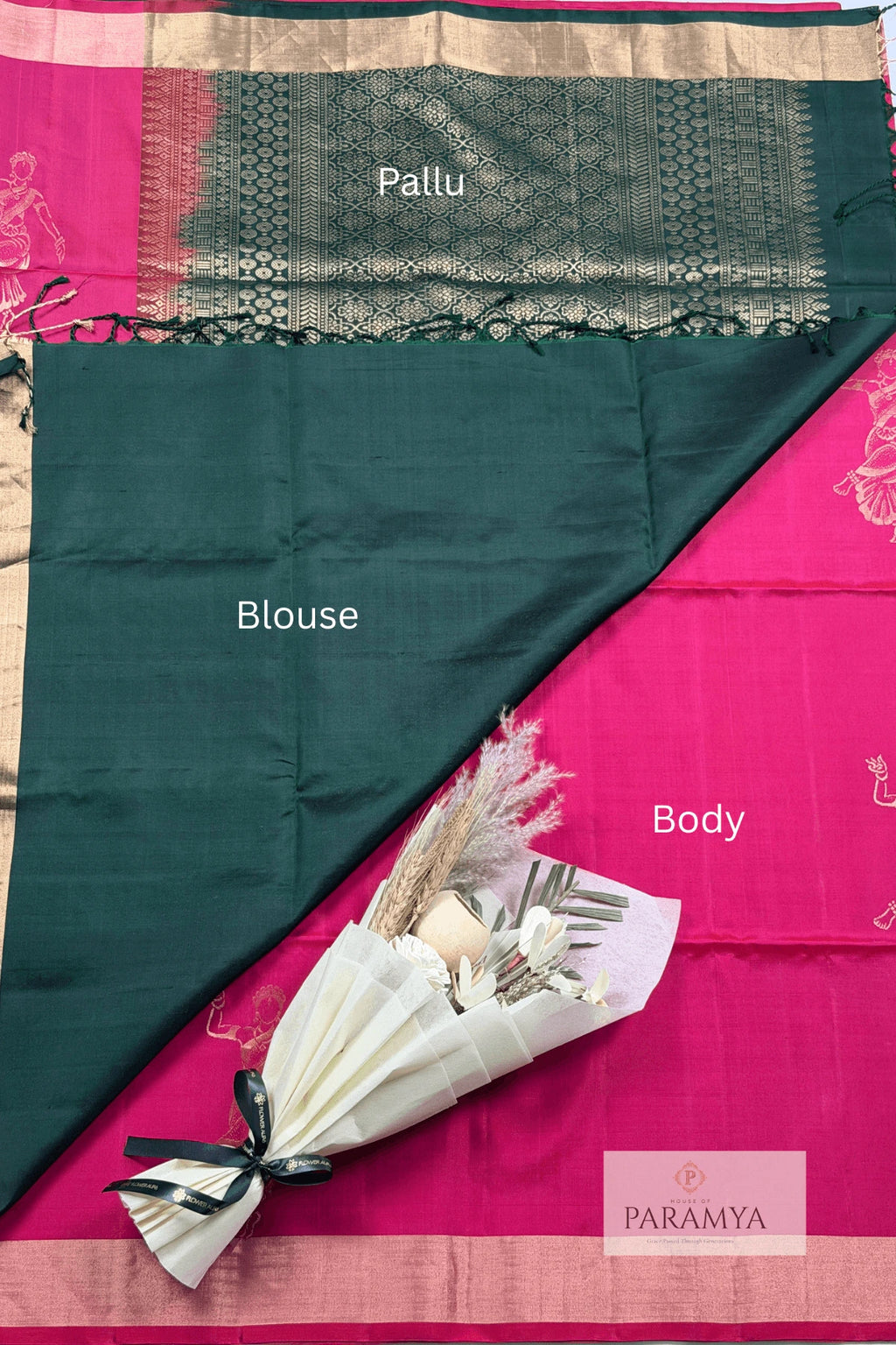 Rani Pink & Emerald Green Pure Kanchipuram Silk Saree -Blouse view | House Of Paramya