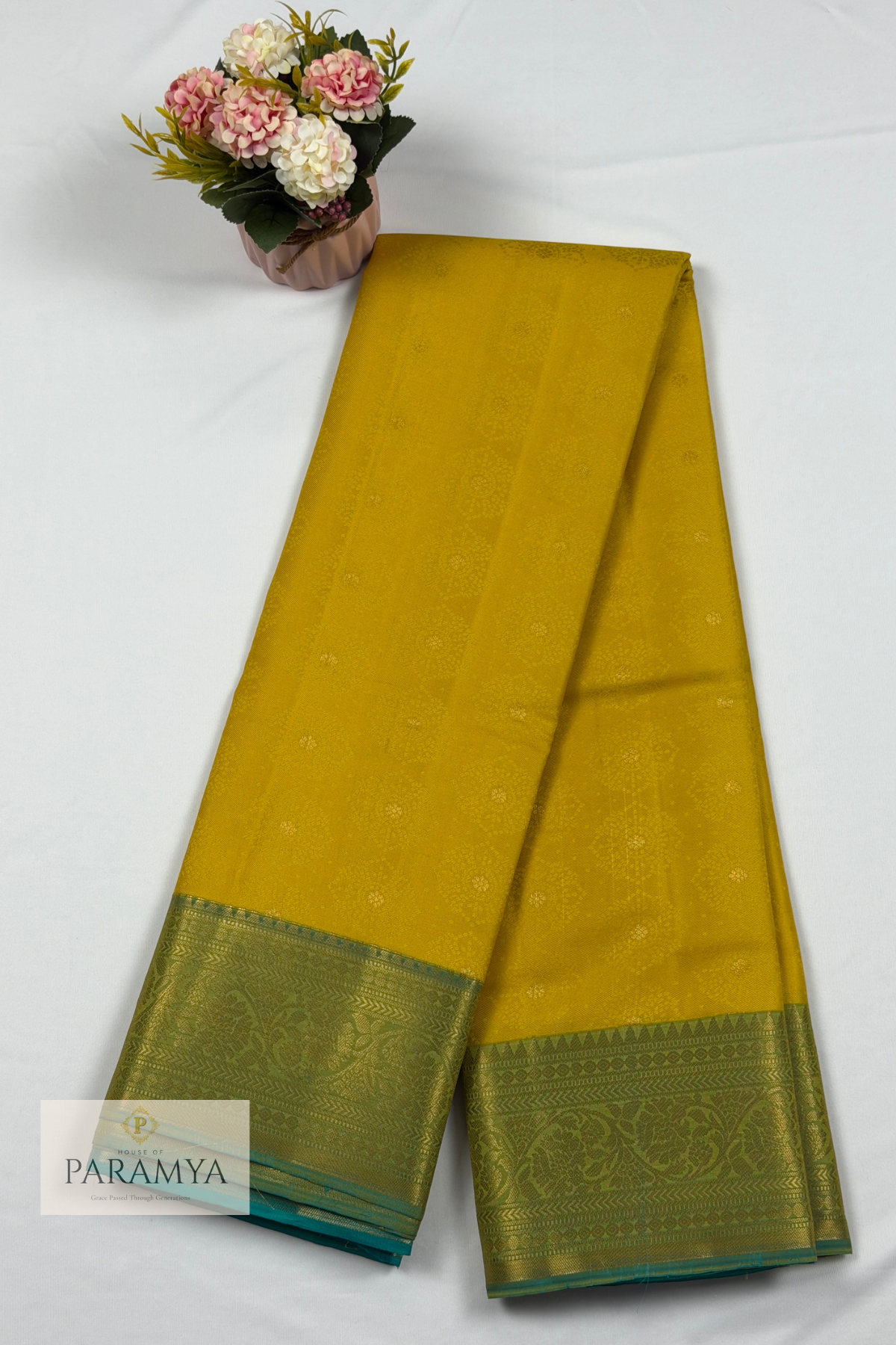 Turquoise Blue & Mustard Yellow Pure Kanchipuram Silk Saree | Silk Mark Certified