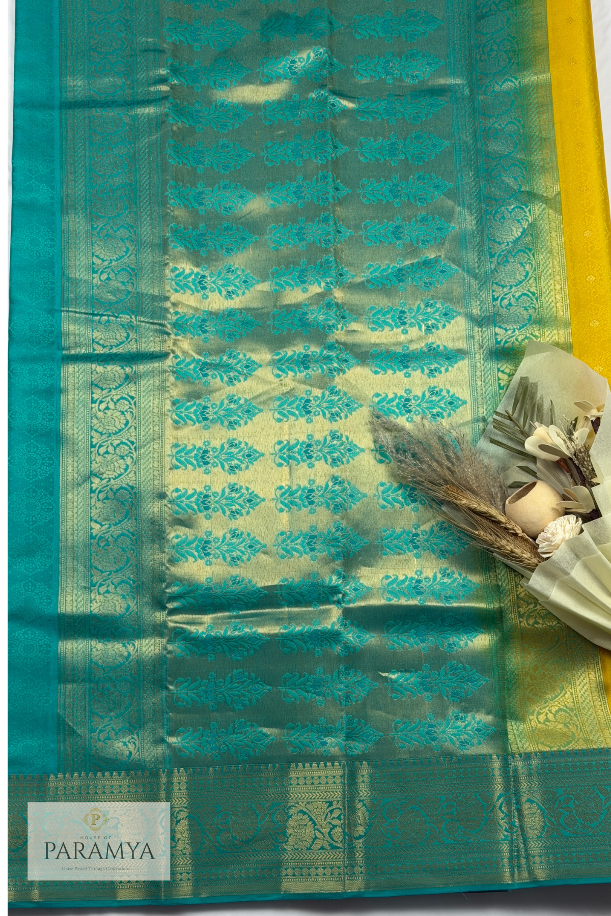 Turquoise Blue & Mustard Yellow Pure Kanchipuram Silk Saree | Silk Mark Certified