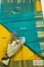 Turquoise Blue & Mustard Yellow Pure Kanchipuram Silk Saree | Silk Mark Certified