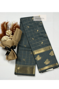 Grey Raw Silk Saree with Gold Zari Checks & Floral Buttas