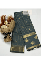 Grey Raw Silk Saree with Gold Zari Checks & Floral Buttas