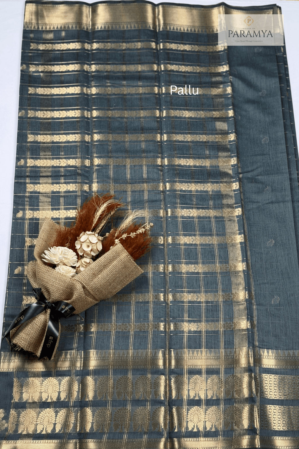 Grey Raw Silk Saree with Gold Zari Checks & Floral Buttas - Pallu View | House Of Paramya