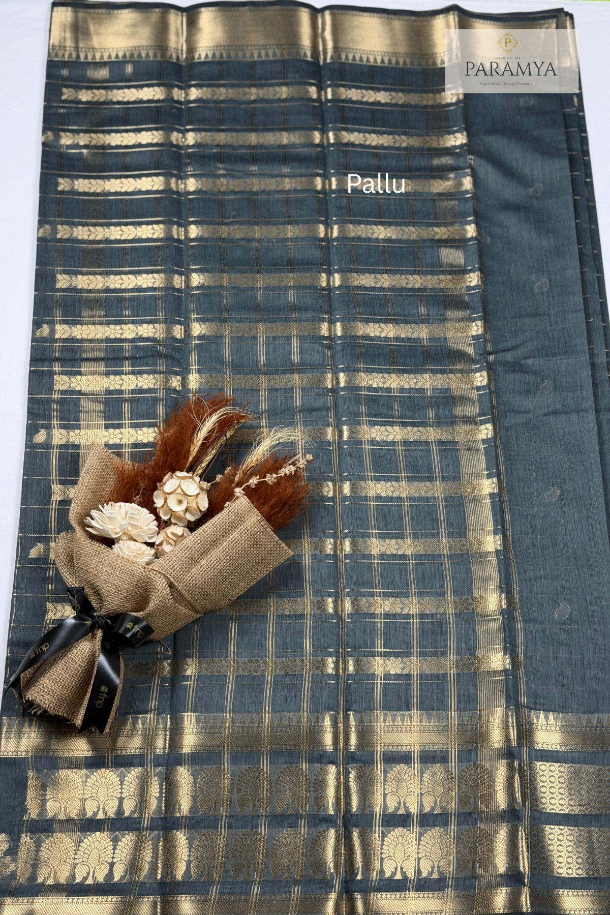 Grey Raw Silk Saree with Gold Zari Checks & Floral Buttas