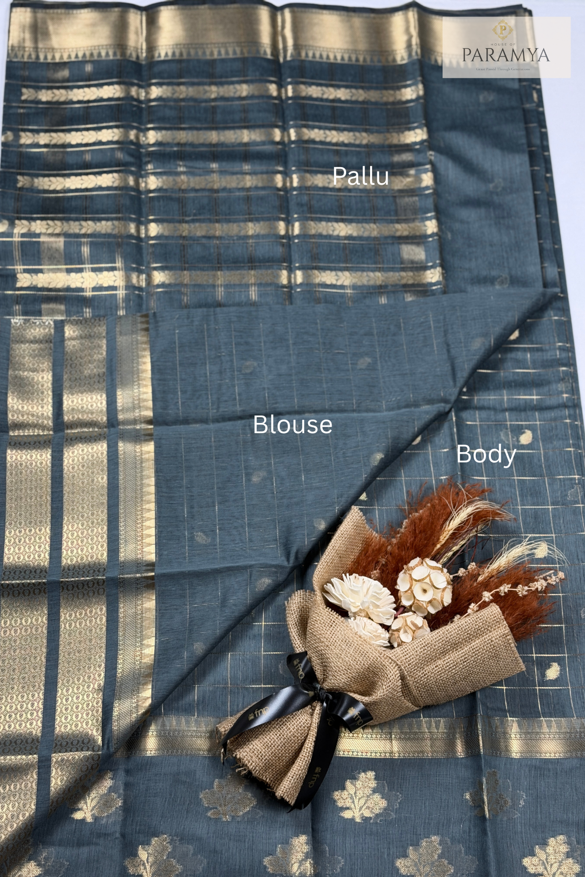 Grey Raw Silk Saree with Gold Zari Checks & Floral Buttas