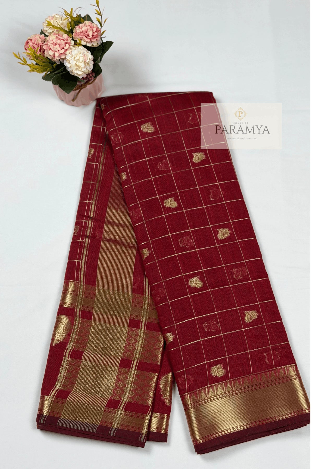 Deep Maroon Raw Silk Saree with Gold Zari Border - Saree view | House Of Paramya