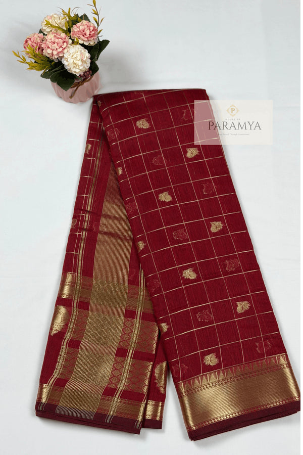 Deep Maroon Raw Silk Saree with Gold Zari Border - Saree view | House Of Paramya