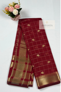 Deep Maroon Raw Silk Saree with Gold Zari Checks & Floral Buttas