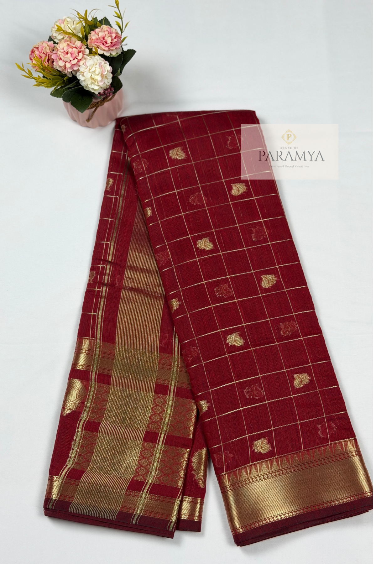 Deep Maroon Raw Silk Saree with Gold Zari Checks & Floral Buttas