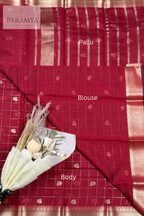 Deep Maroon Raw Silk Saree with Gold Zari Checks & Floral Buttas