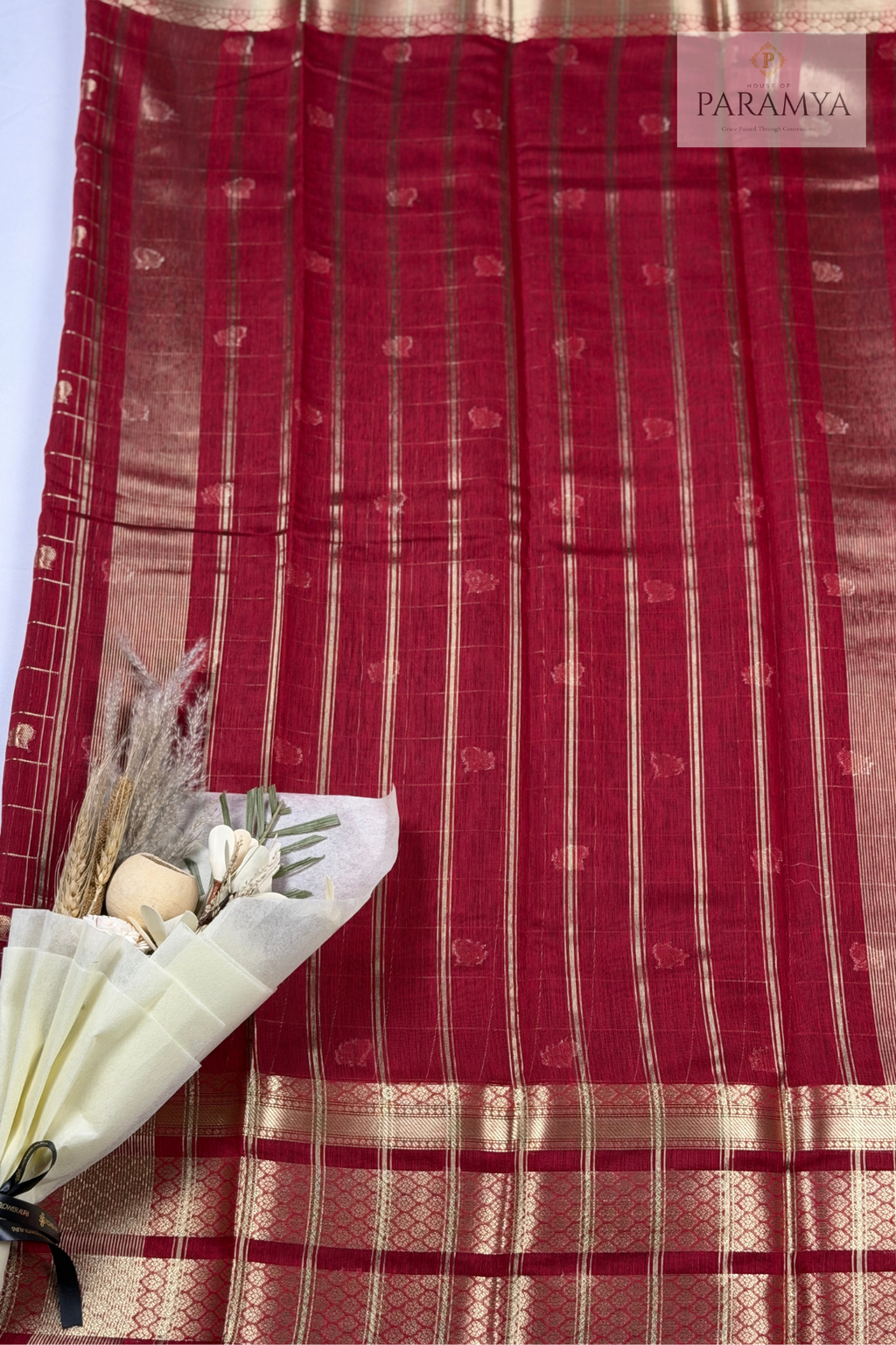 Deep Maroon Raw Silk Saree with Gold Zari Checks & Floral Buttas