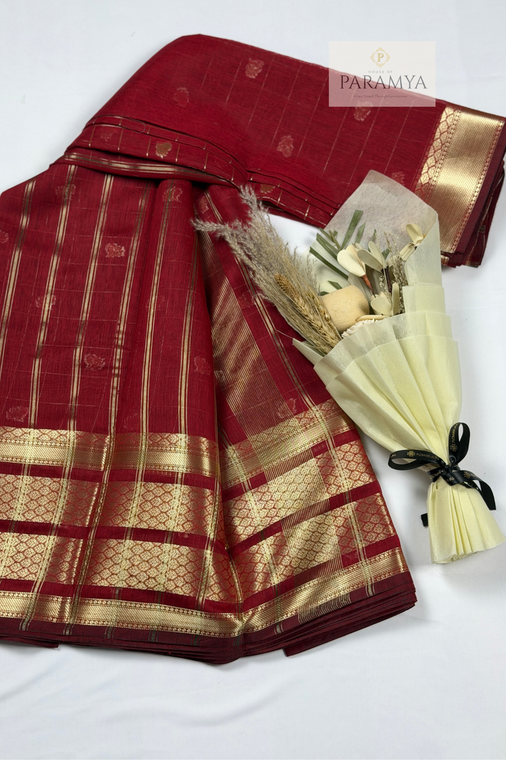 Deep Maroon Raw Silk Saree with Gold Zari Checks & Floral Buttas
