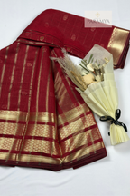 Deep Maroon Raw Silk Saree with Gold Zari Checks & Floral Buttas