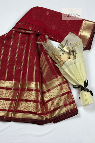 Deep Maroon Raw Silk Saree with Gold Zari Border - Full Saree view | House of Paramya