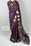 Regal Plum Raw Silk Saree with Gold Zari Checks & Floral Buttas