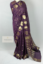 Regal Plum Raw Silk Saree with Gold Zari Checks & Floral Buttas