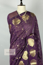 Regal Plum Raw Silk Saree with Gold Zari Checks & Floral Buttas