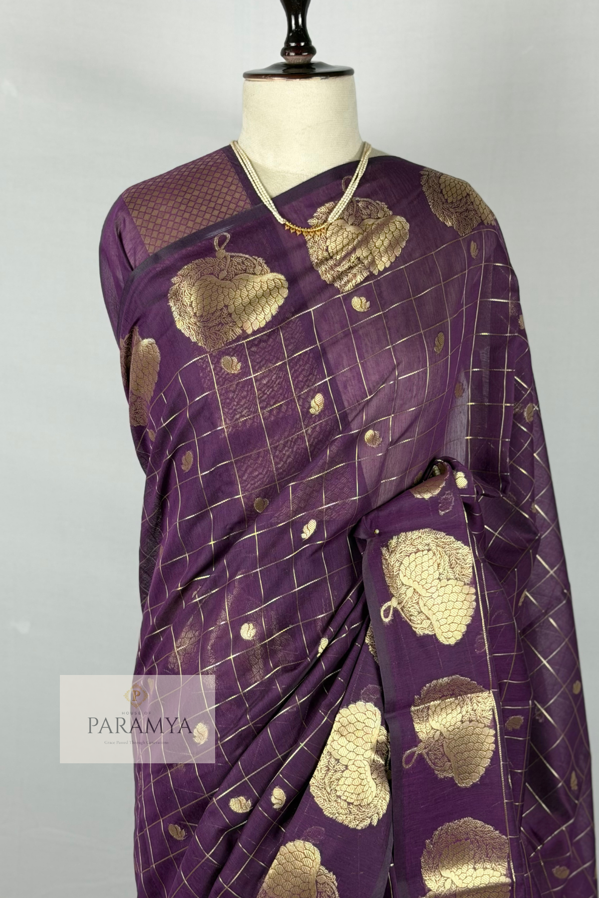 Regal Plum Raw Silk Saree with Gold Zari Checks & Floral Buttas