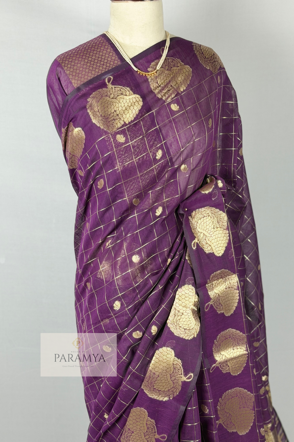 Regal Plum Raw Silk Saree with Gold Zari Checks & Floral Buttas
