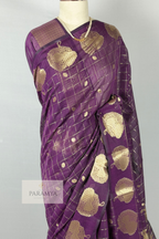 Regal Plum Raw Silk Saree with Gold Zari Checks & Floral Buttas
