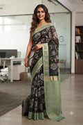 Black Floral Print Soft Kota Saree with Sage Green Zari Border