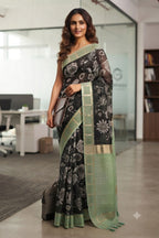 Black Floral Print Soft Kota Saree with Sage Green Zari Border