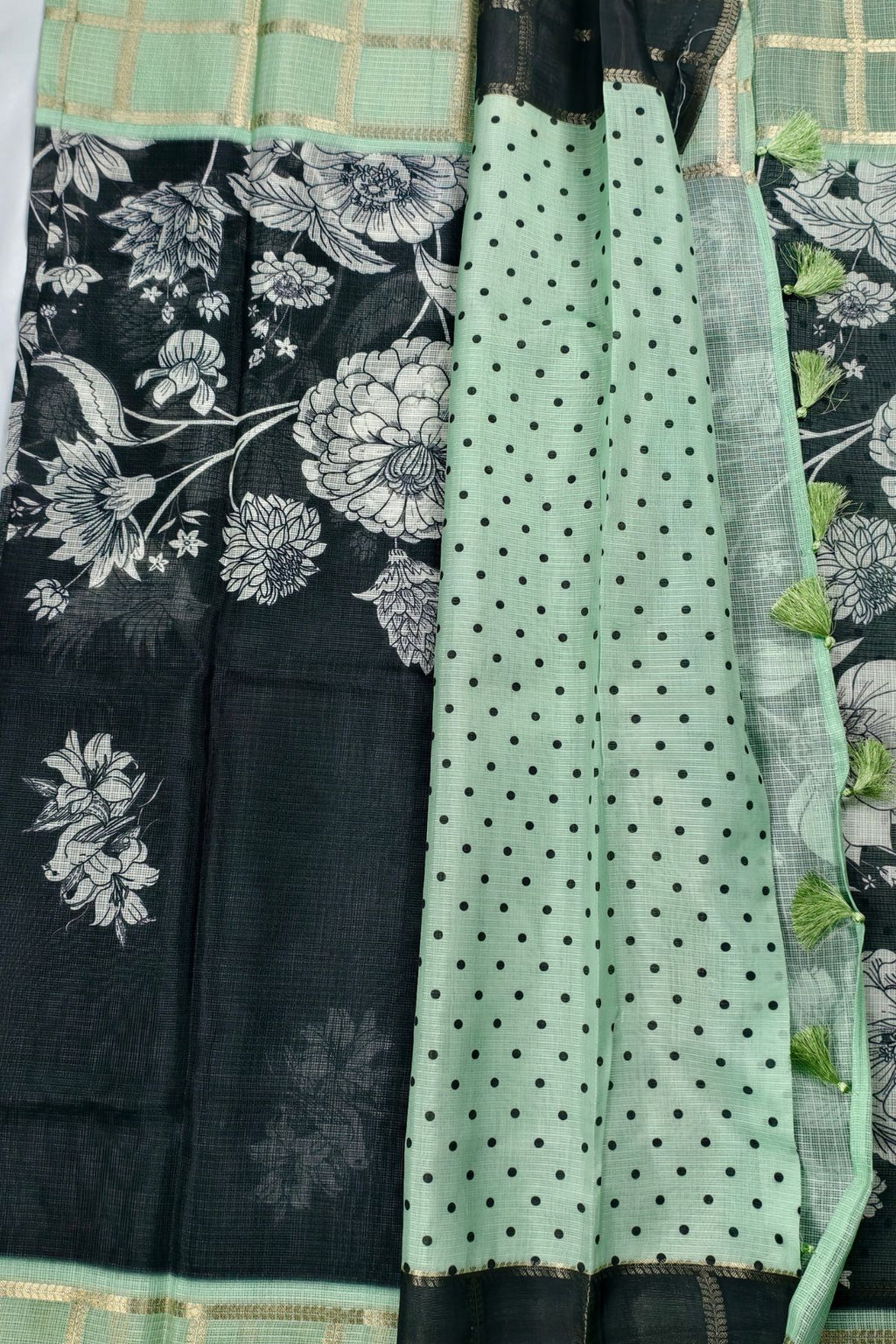 Black Floral Print Soft Kota Saree with Sage Green Zari Border