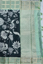 Black Floral Print Soft Kota Saree with Sage Green Zari Border