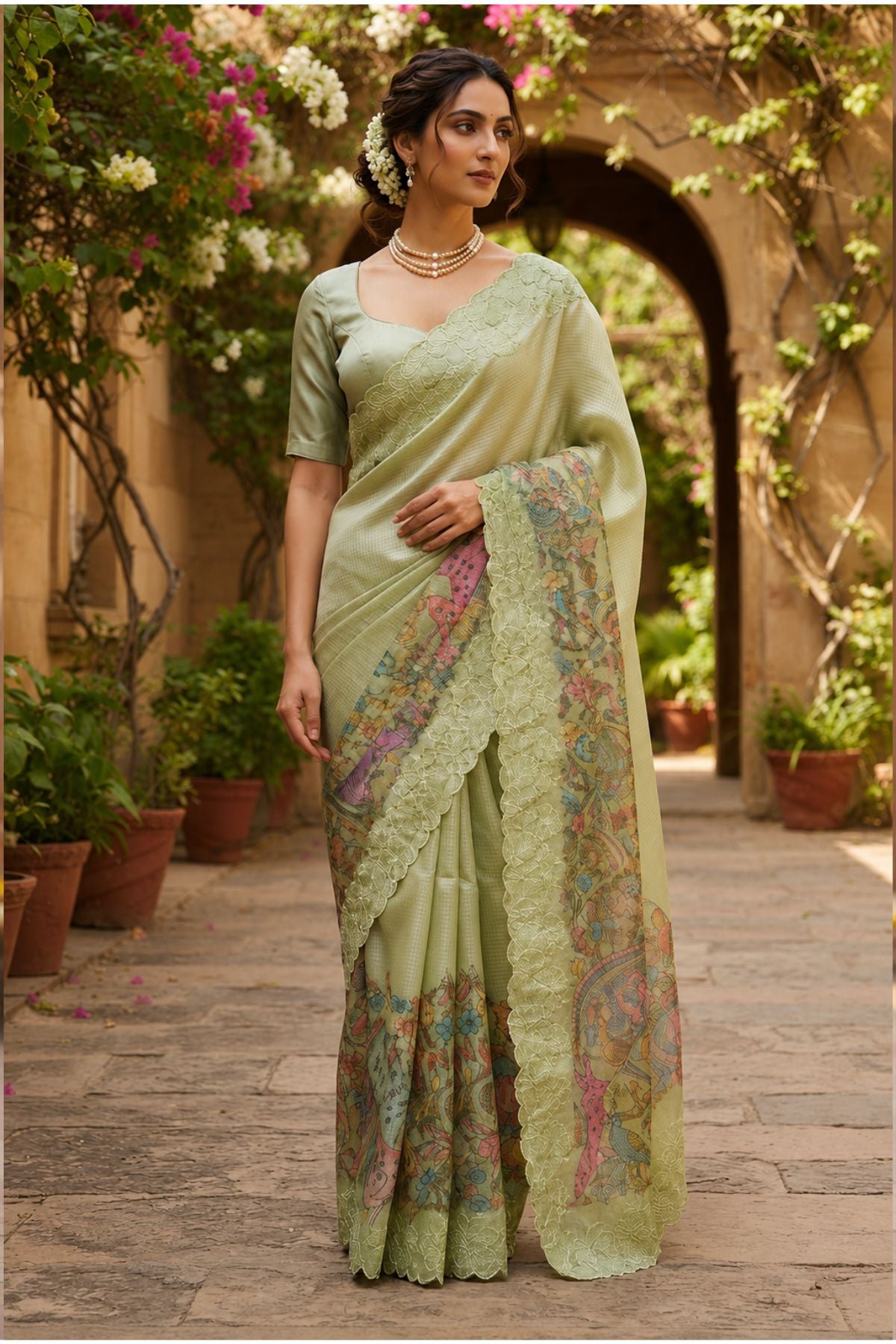 Pastel Green Kota Saree with Digital Multicolor Print & Scalloped Lace Border