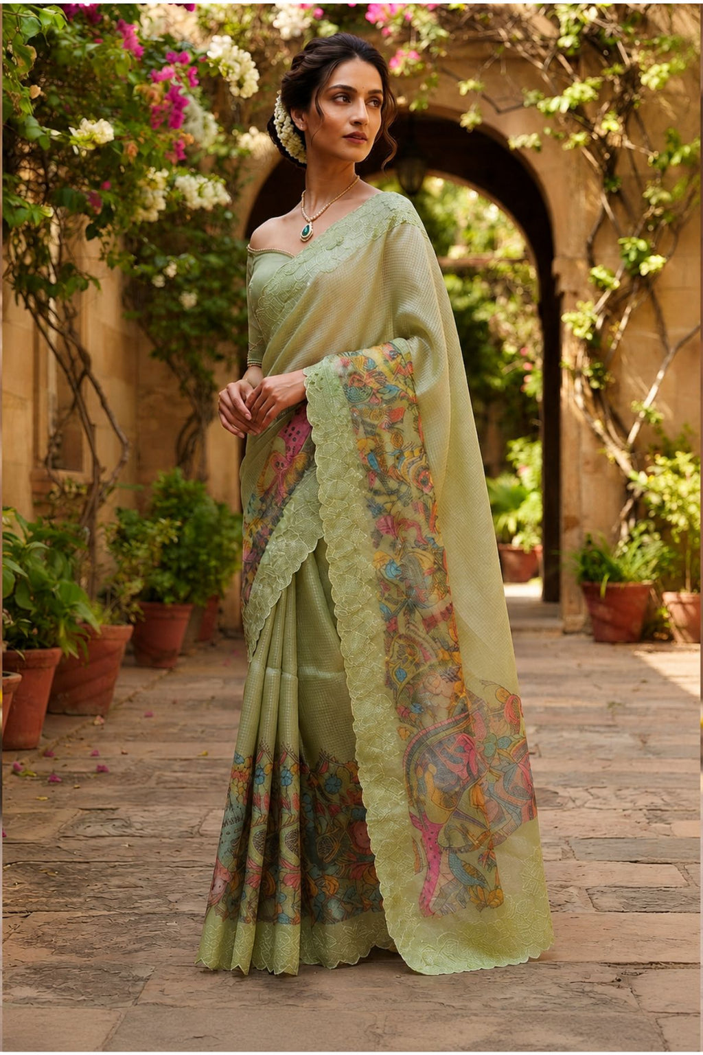 Pastel Green Kota Saree with Digital Multicolor Print & Scalloped Lace Border