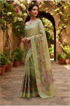 Pastel Green Kota Saree with Digital Multicolor Print & Scalloped Lace Border