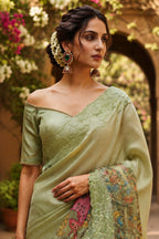 Pastel Green Kota Saree with Digital Multicolor Print & Scalloped Lace Border