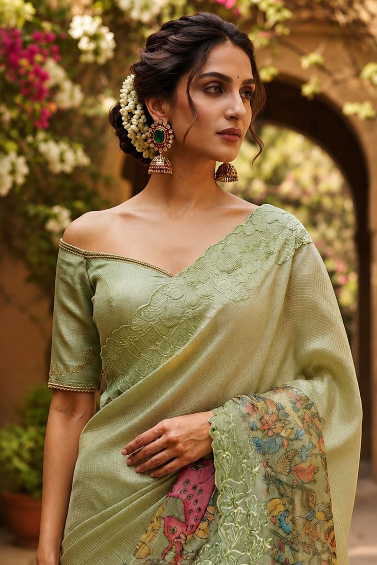 Pastel Green Kota Saree with Digital Multicolor Print & Scalloped Lace Border