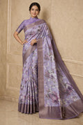 Lavender Floral Print Tussar Silk Saree with Mauve Border