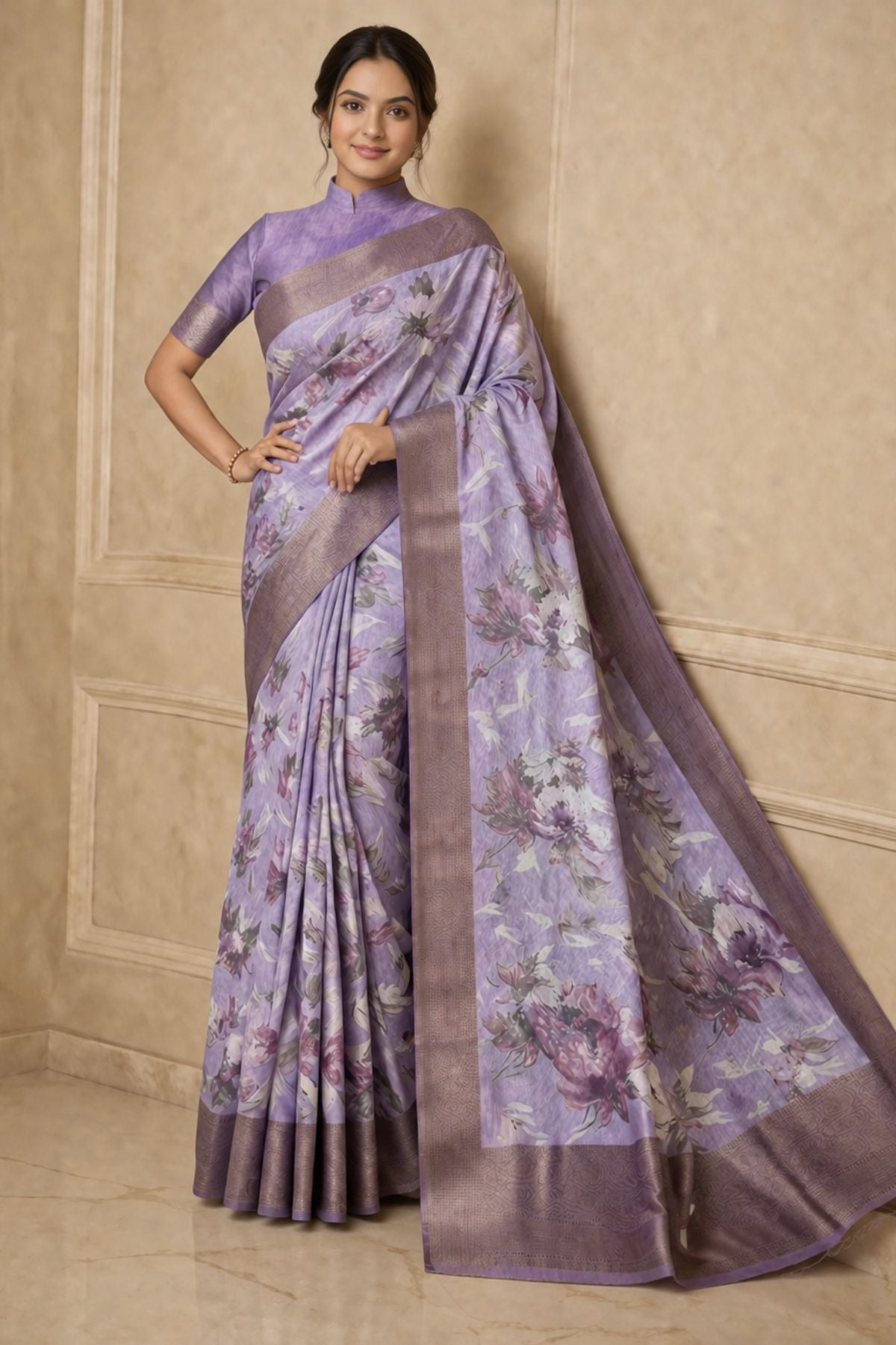 Lavender Floral Print Tussar Silk Saree with Mauve Border